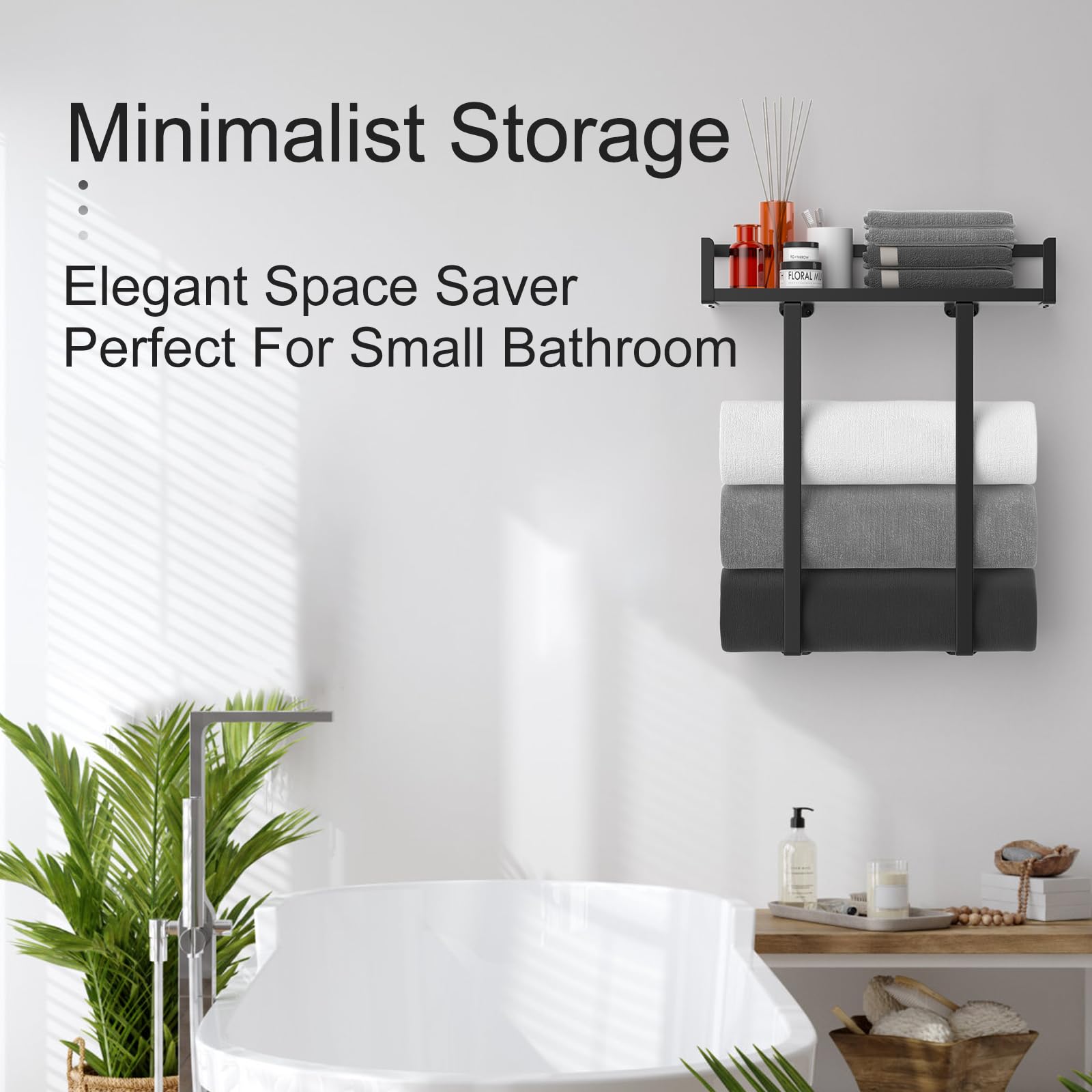 Wood shelf detail on Xstydes towel rack adds decorative storage