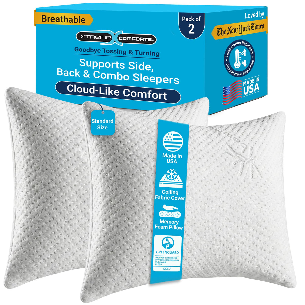 Xtreme Comforts memory foam two-pack pillow with customizable support