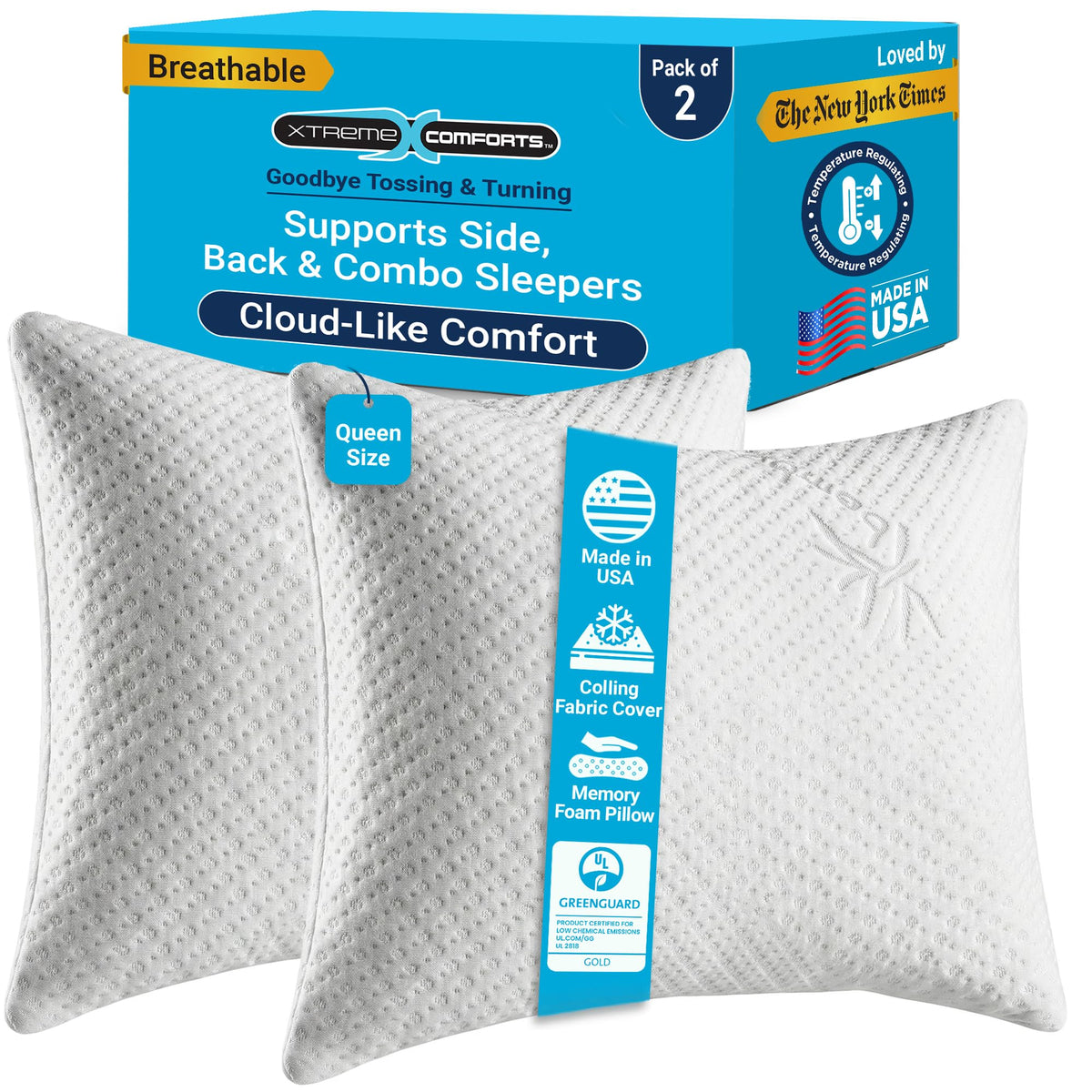 Xtreme Comforts GREENGUARD queen pillow pack front view shows compact, supportive memory foam for balanced sleep.