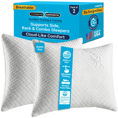 Xtreme Comforts GREENGUARD queen pillow with removable cover for easy cleaning.