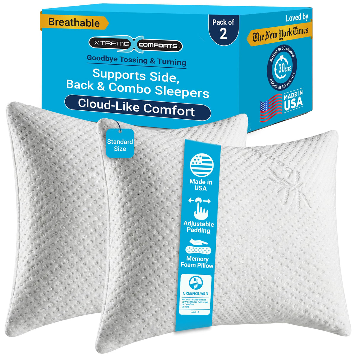 Xtreme Comforts adjustable-padding pillow setup for personalized neck support.