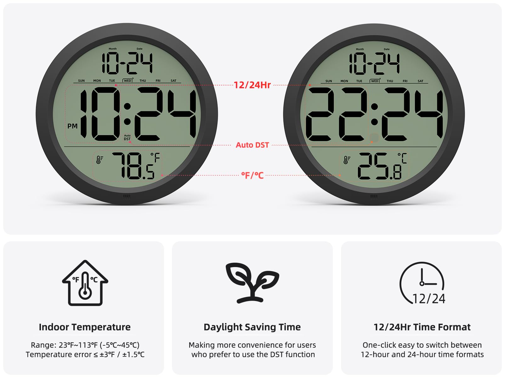 XUANZIT clock includes adhesive hooks and screws for easy hanging.