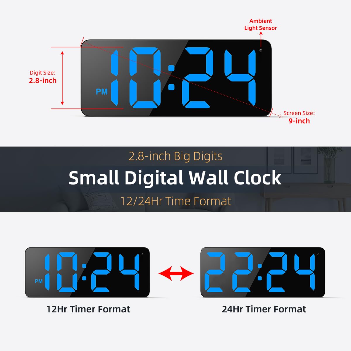 XUANZIT blue wall clock in night mode offers soft brightness for restful evenings