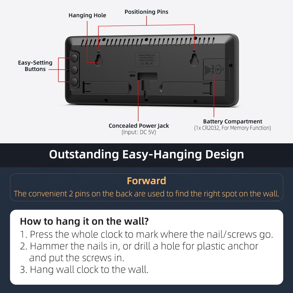 XUANZIT wall clock featuring easy-hanging back pins for quick mounting.