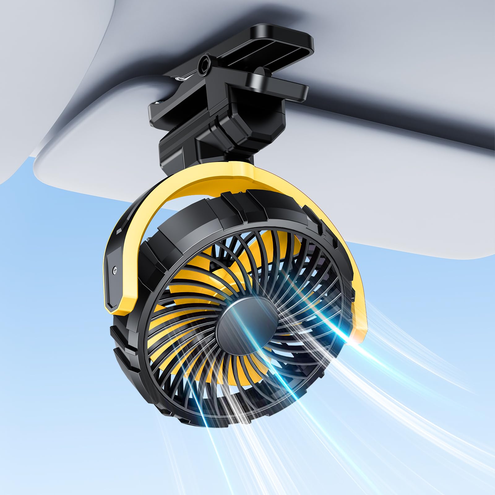 Xuenair car fan clipped to visor for portable cooling on the go.