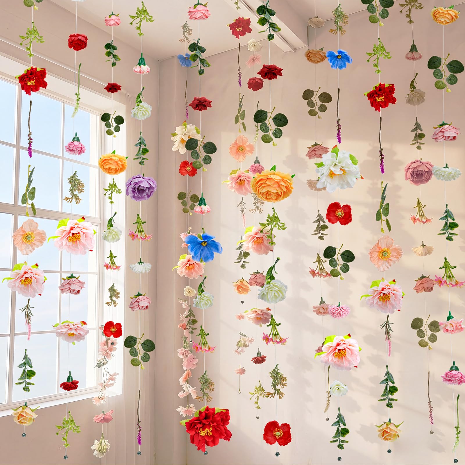 XunYee floral garland full view shows vibrant silk blooms for a lush wedding backdrop