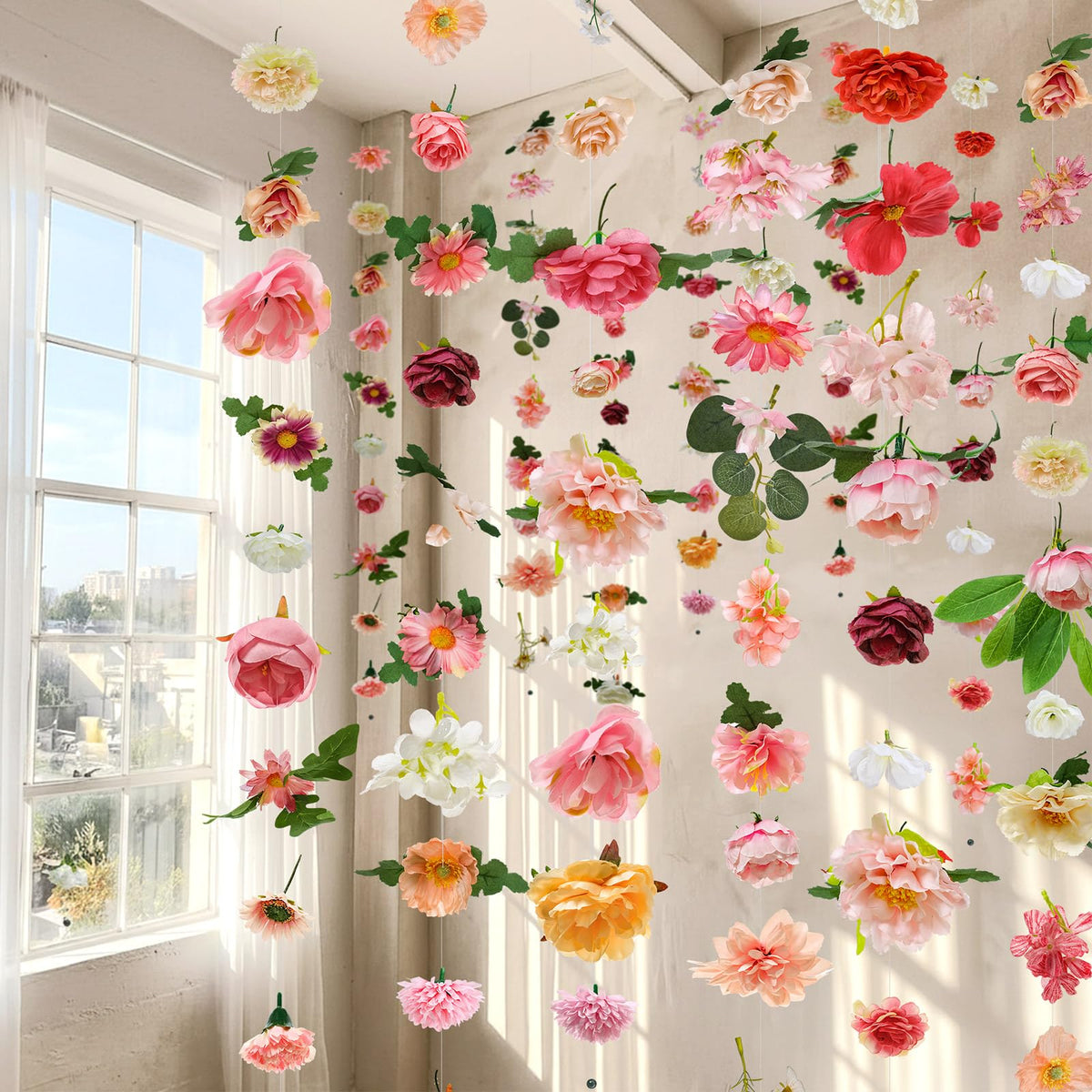 XunYee blossom garland draped over mantel, adds vibrant color for weddings and home decor.