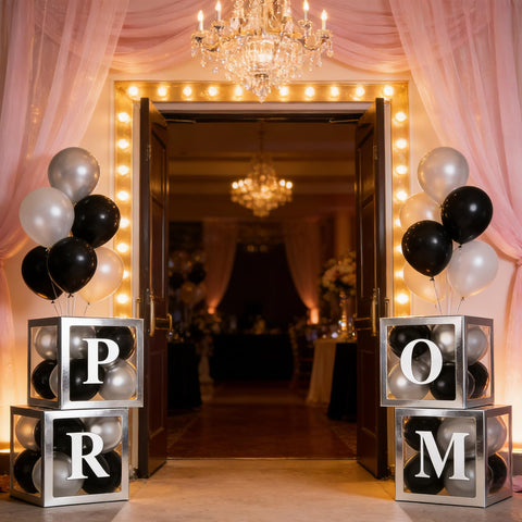 Xvvti transparent balloon boxes showcase PROM letters above the cake table.