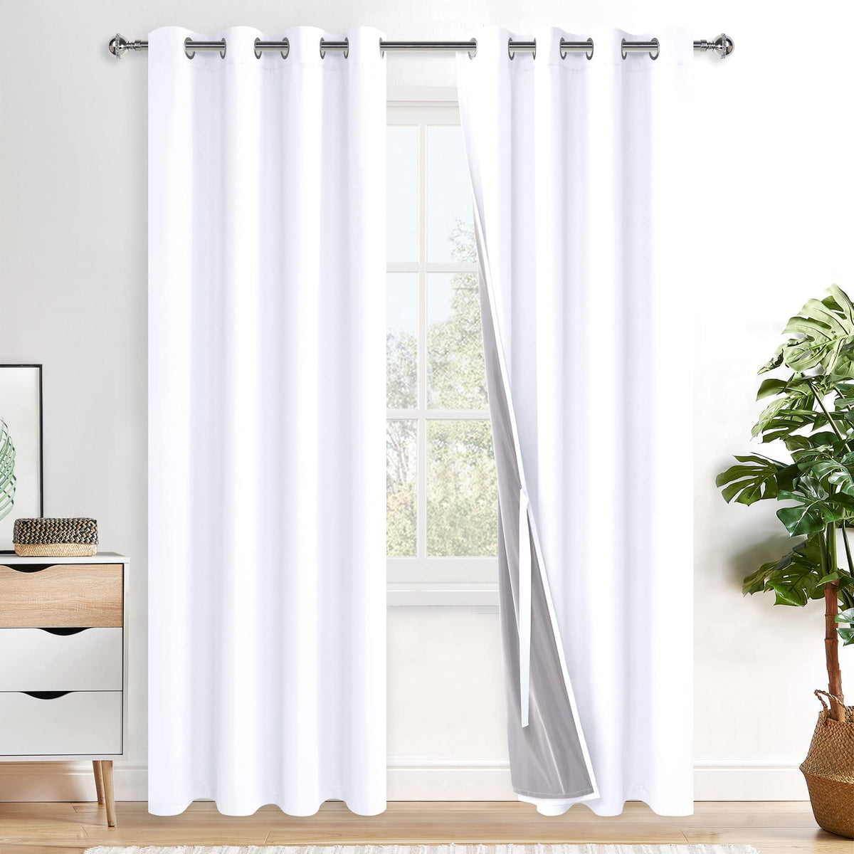 XWZO blackout curtains with tiebacks block light for better sleep in bedrooms.
