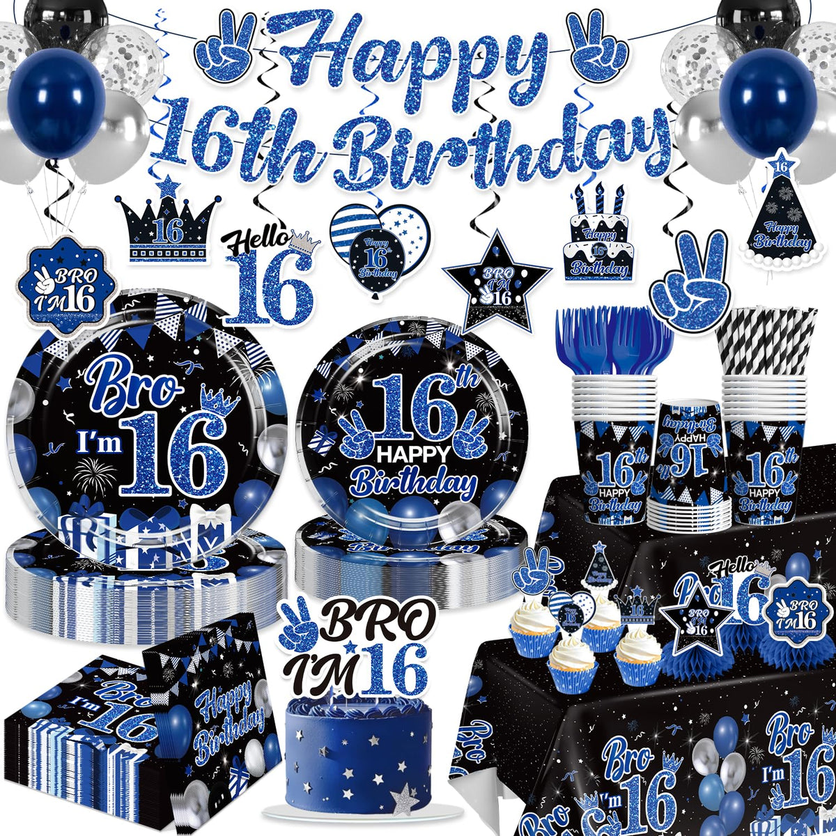 Xynic 205pc blue black banner for 16th birthday boosts theme and photos