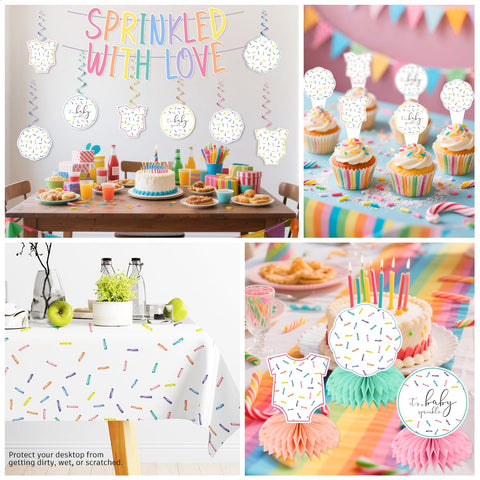 Xynic Balloons and honeycomb centers create a cheerful baby sprinkle centerpiece