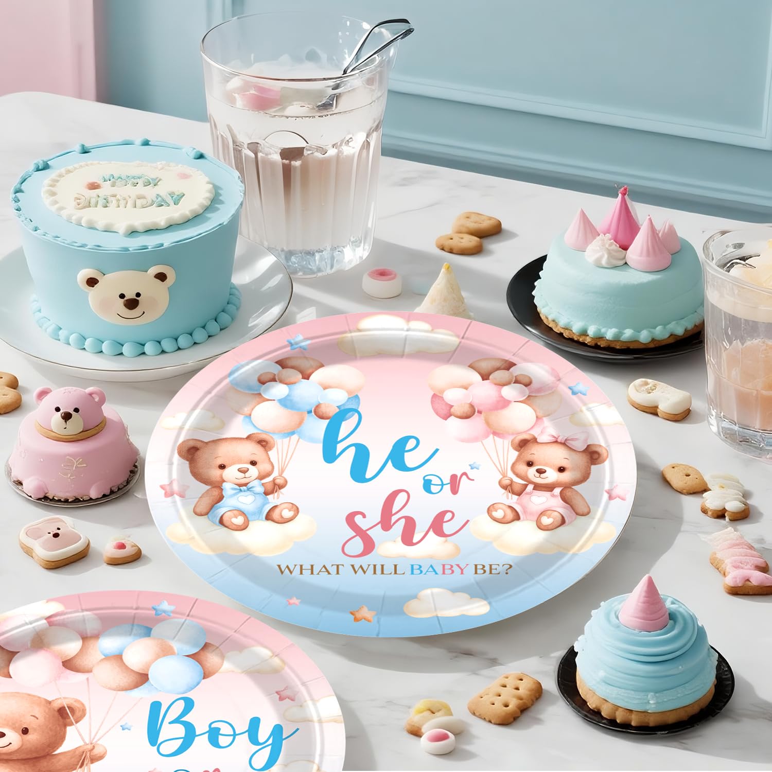 Xynic gender reveal napkins pair with the plates for quick cleanup and style.