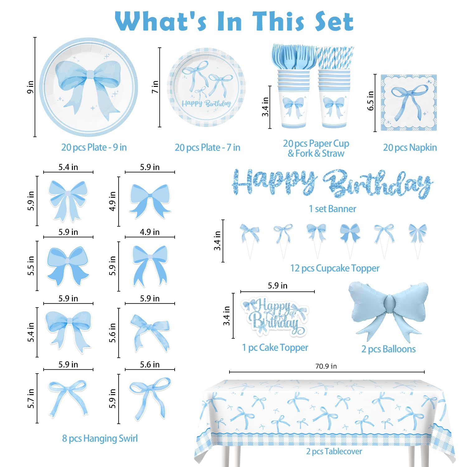 Xynic Blue Bow Tablecloth creates a cohesive party table setting