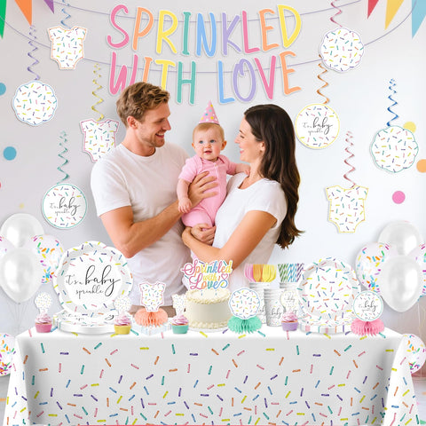 Xynic Hanging swirls decorate ceiling for a playful baby shower