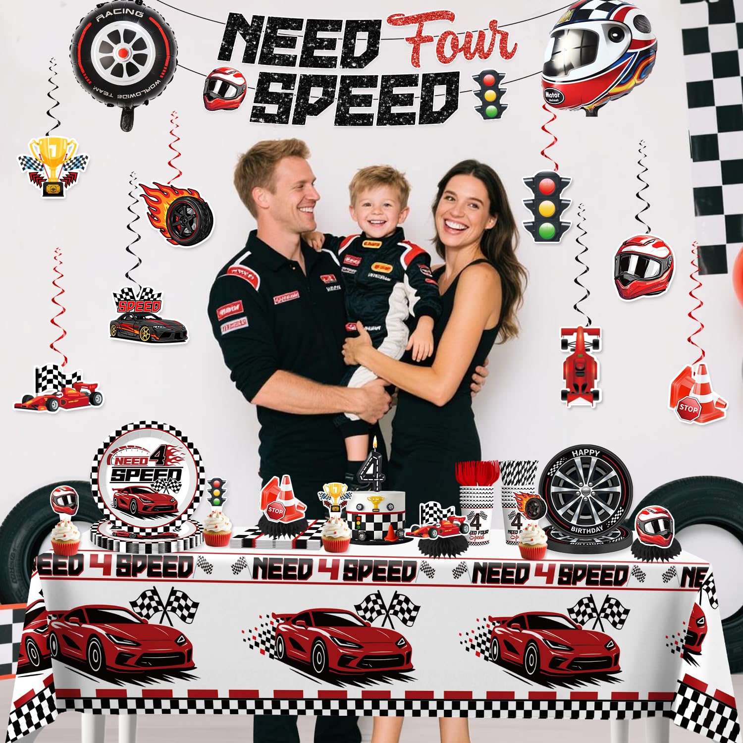 Xynic Race car tablecloth and foil balloon brighten tables