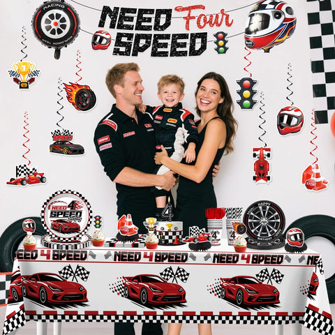 Xynic Race car tablecloth and foil balloon brighten tables