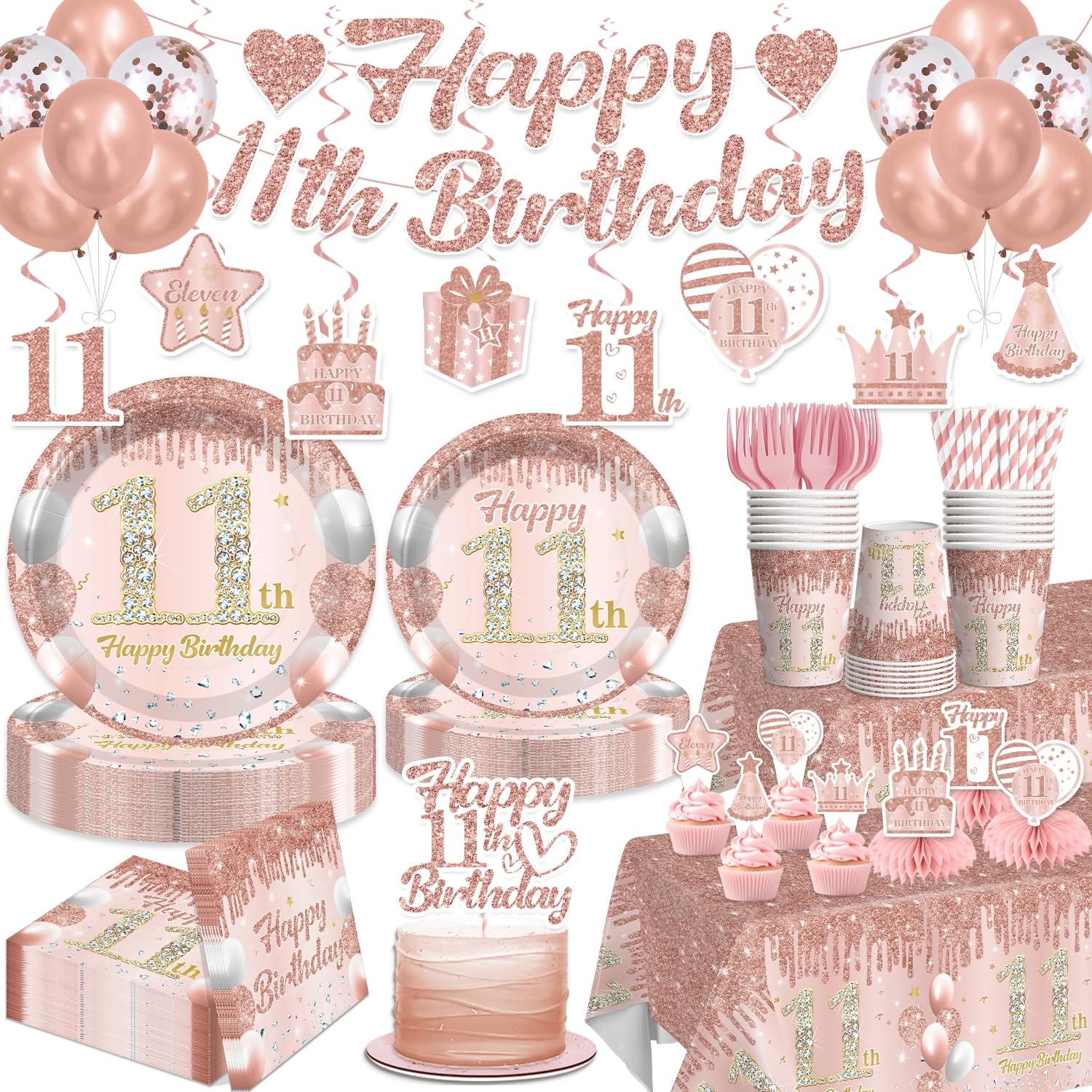 Xynic rose gold banner enhances party decor and keeps the 11th birthday theme bright