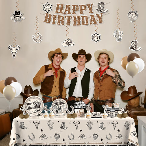 Xynic Western cupcake toppers complement plates and napkins for cohesive styling.