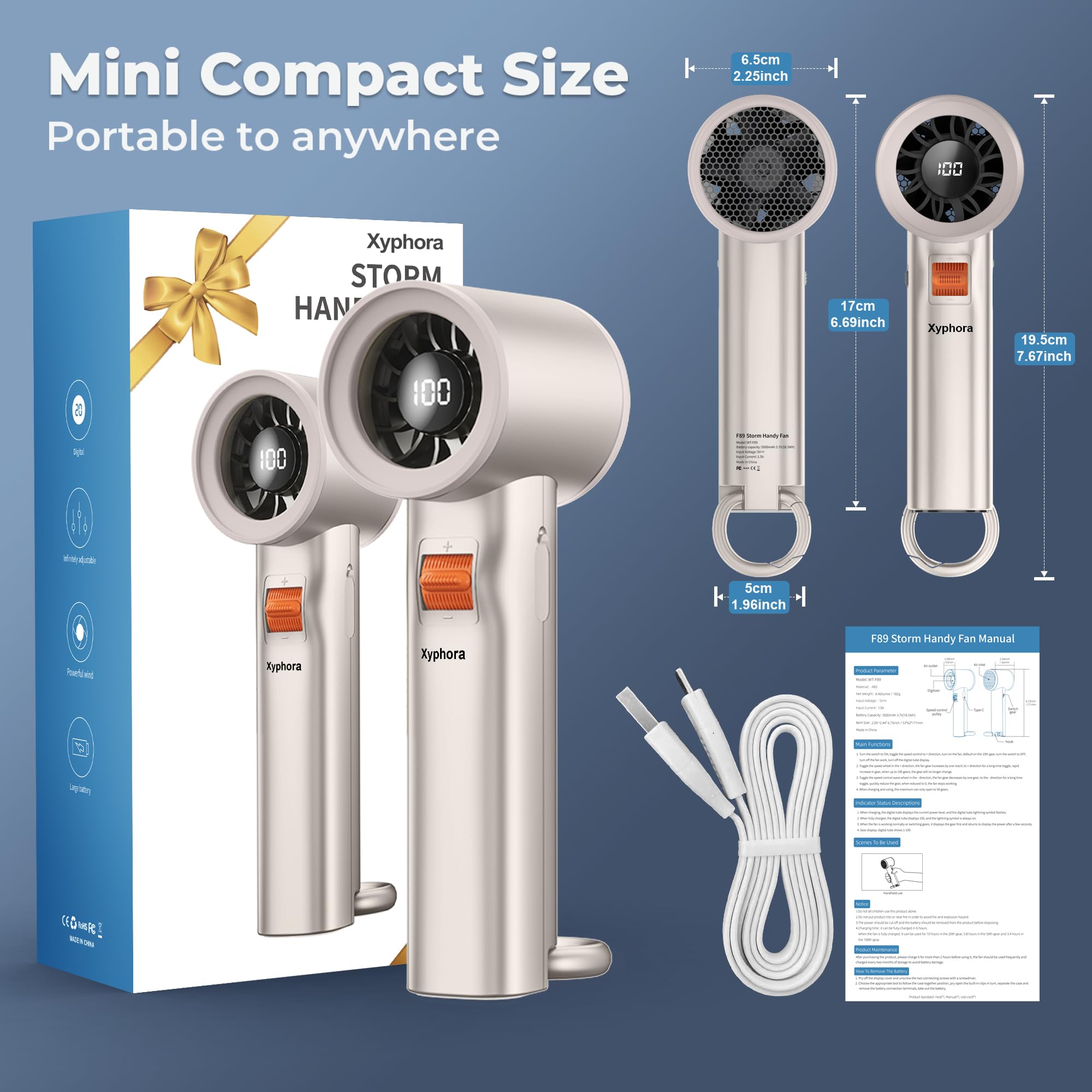Xyphora camping gift-ready fan ideal for outdoors and travel.