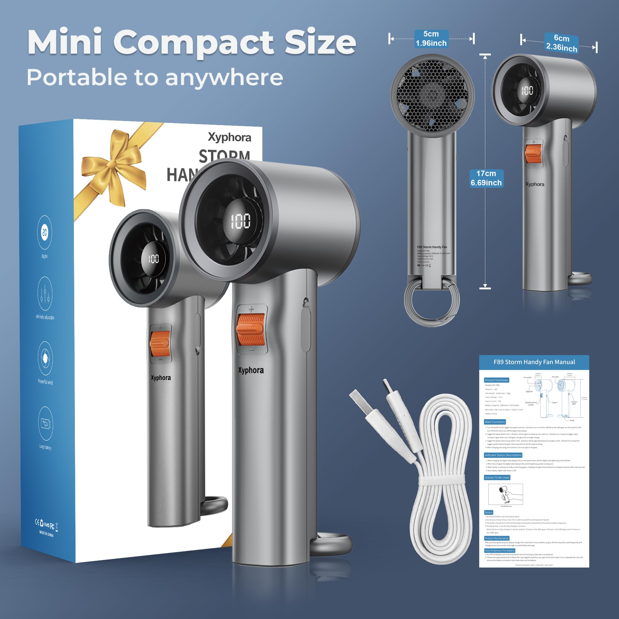 Xyphora portable fan offers 100 adjustable speeds for precise cooling.