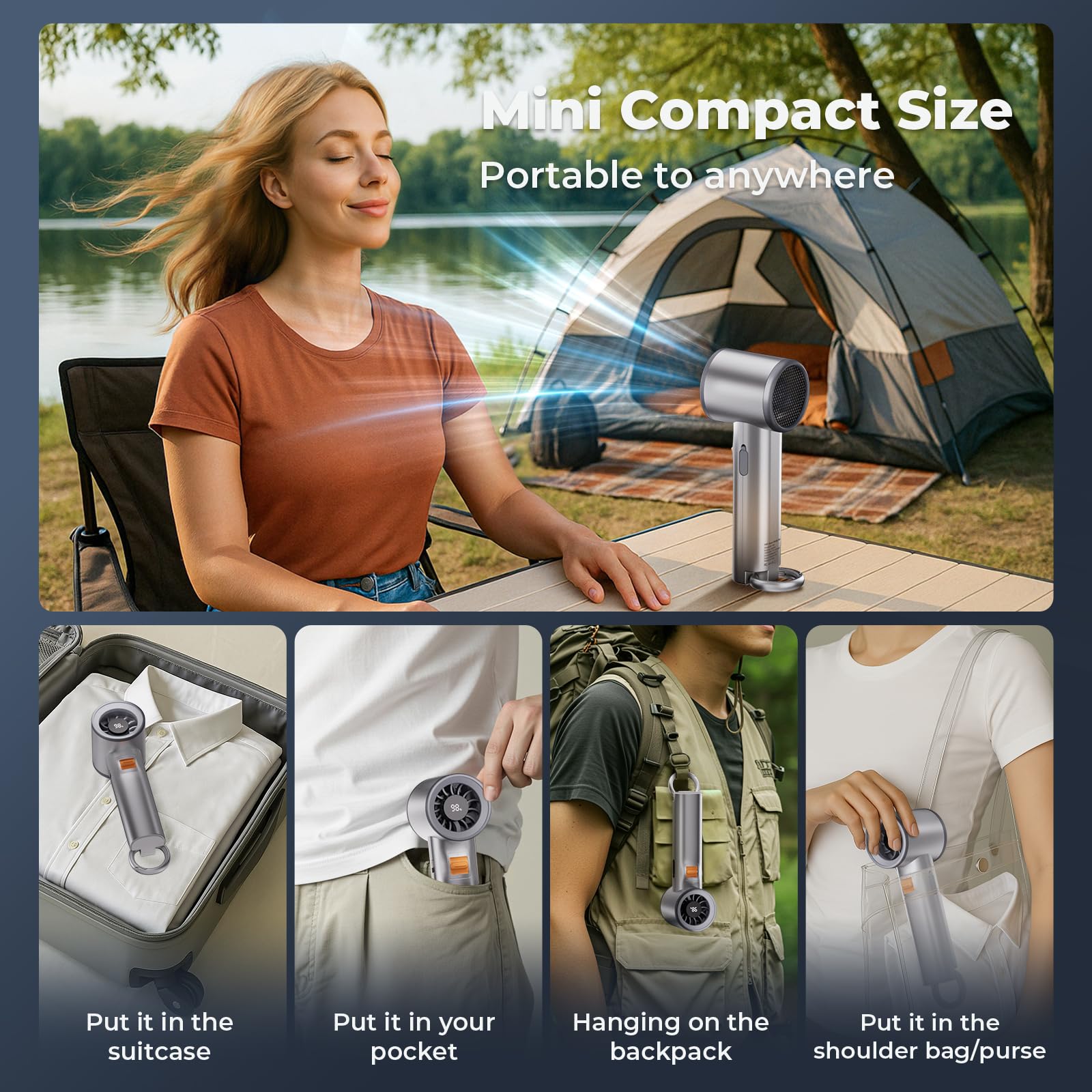 Xyphora portable fan compact for desk or travel.