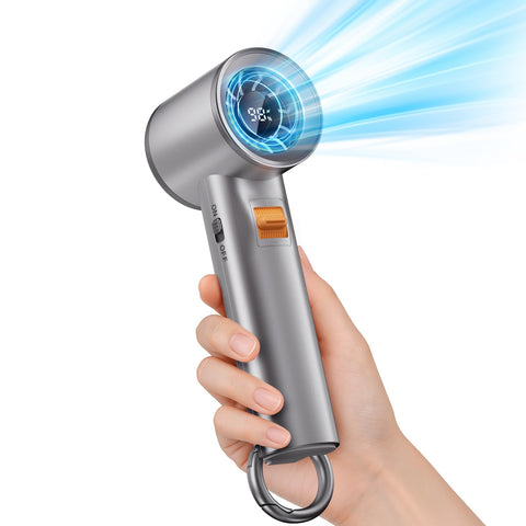 Xyphora portable fan with turbo-structure delivering powerful airflow for outdoor use.