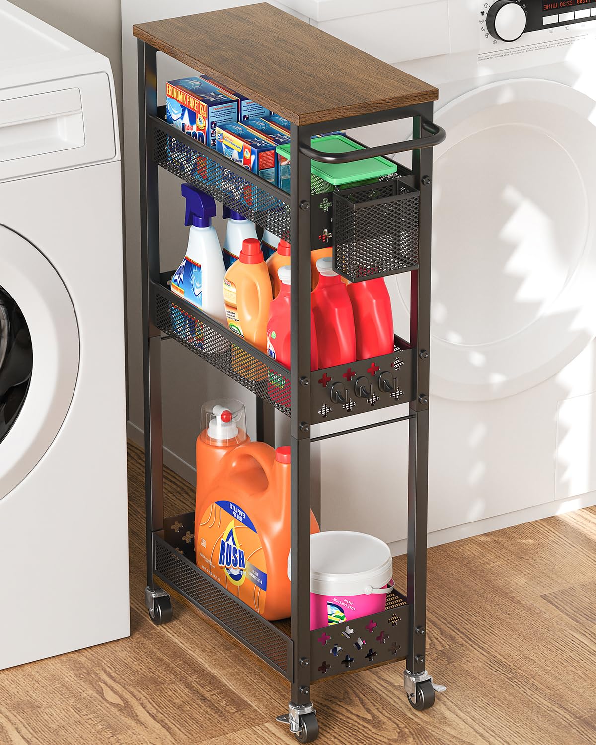 XYZLVSI slim 4-tier rolling cart with wood rack bottom shelf for tall bottles.