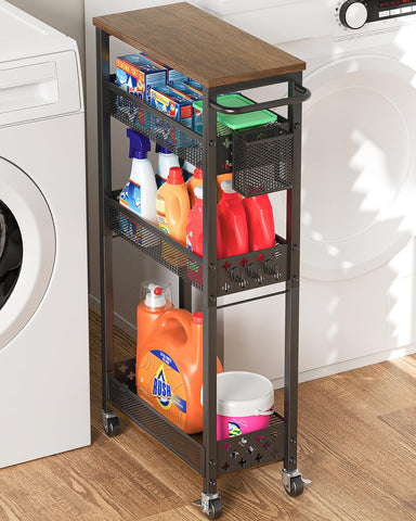 XYZLVSI slim 4-tier rolling cart with wood rack bottom shelf for tall bottles.