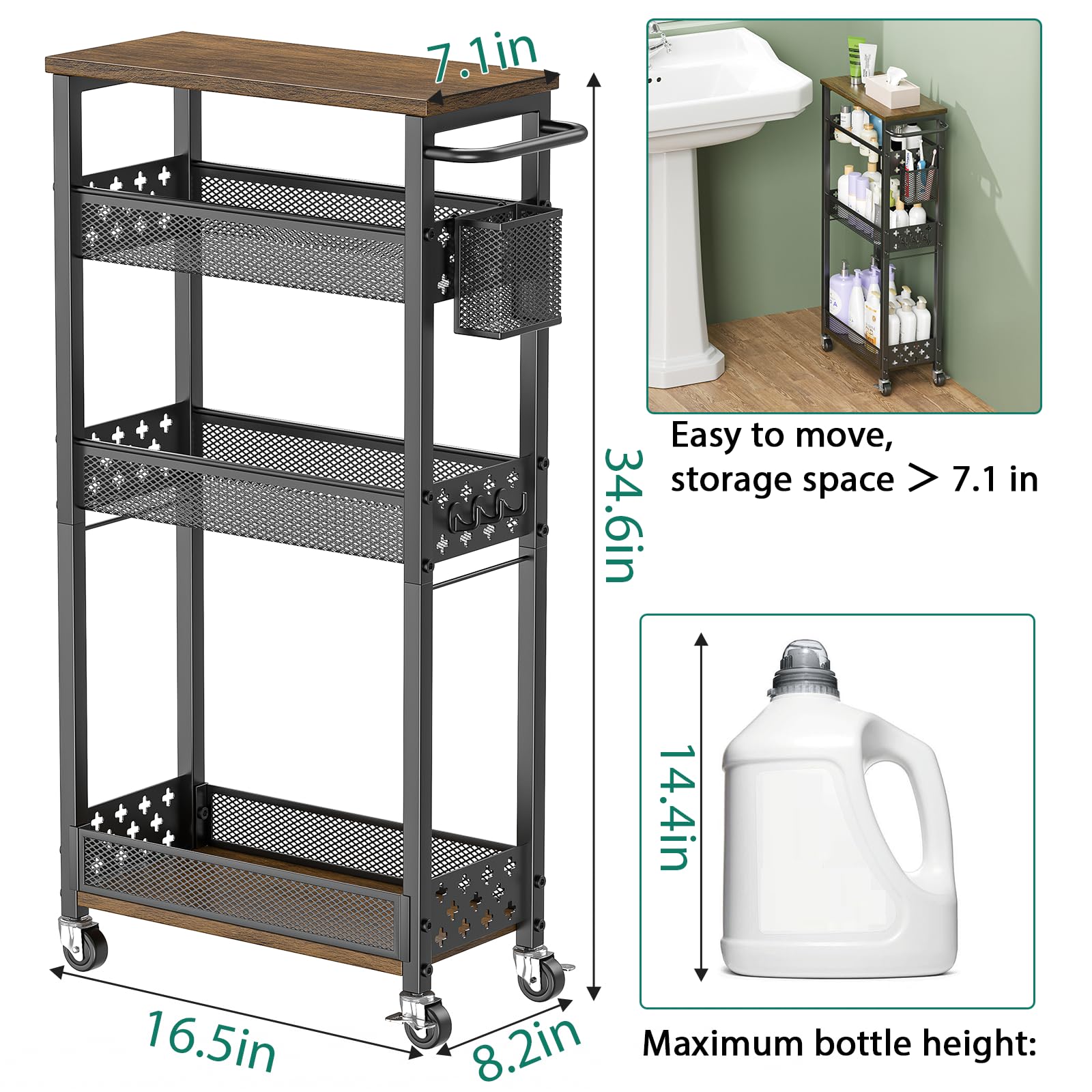 XYZLVSI metal handle and three hooks keep items organized and within reach.