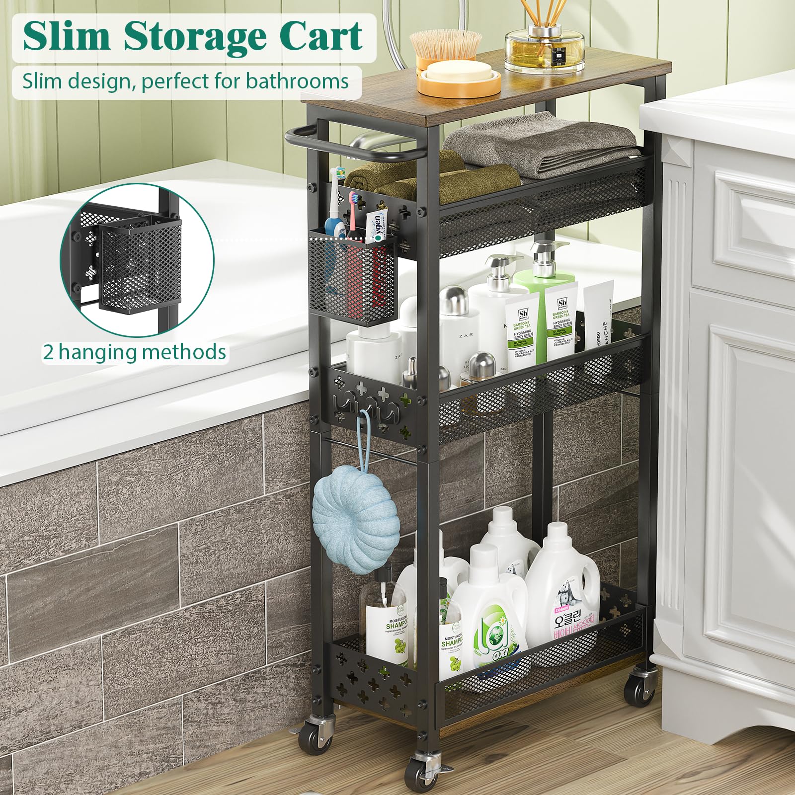 XYZLVSI rolling cart with narrow shelf unit fits compact spaces in kitchens and bathrooms.