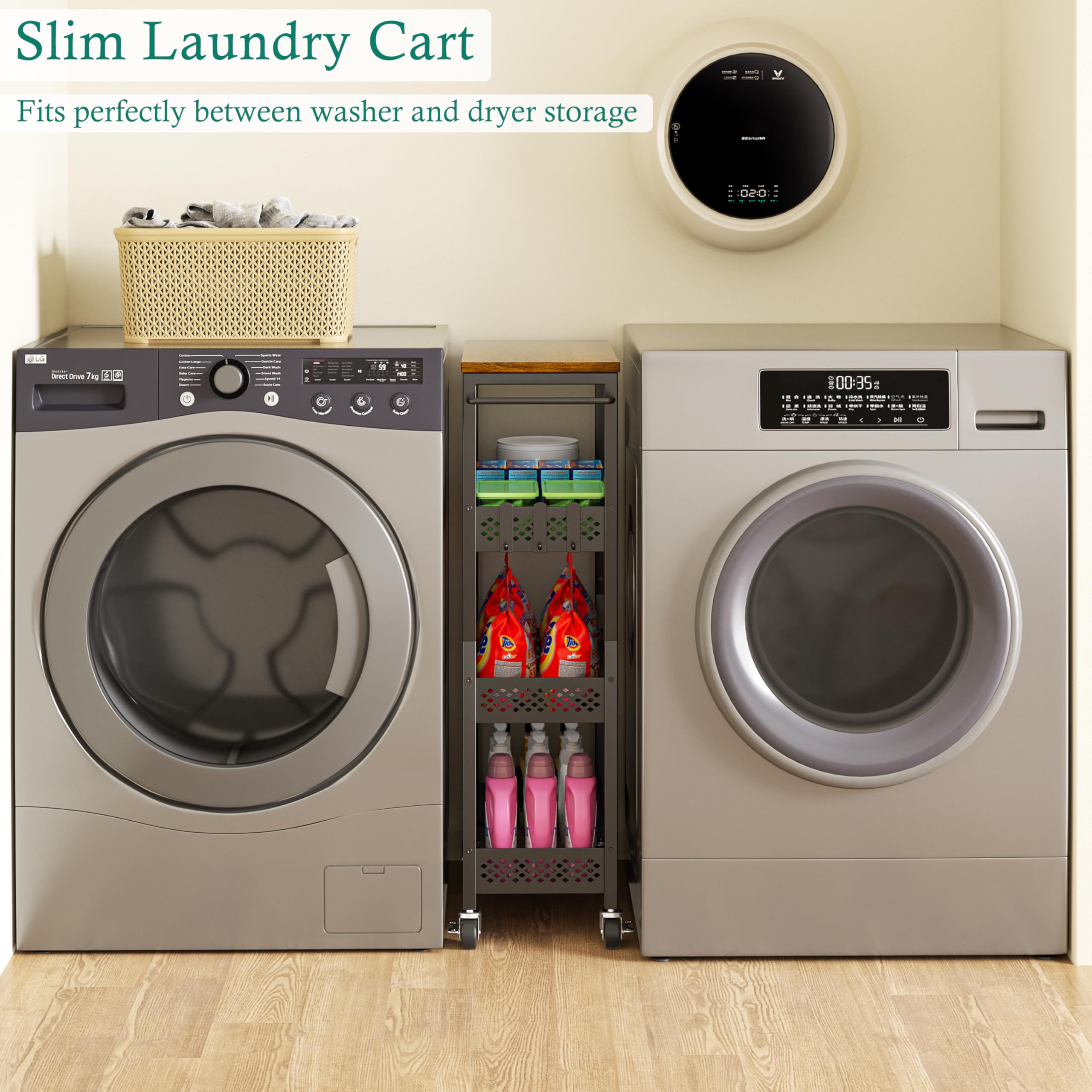 XYZLVSI cart on wheels moves easily around kitchen and laundry areas