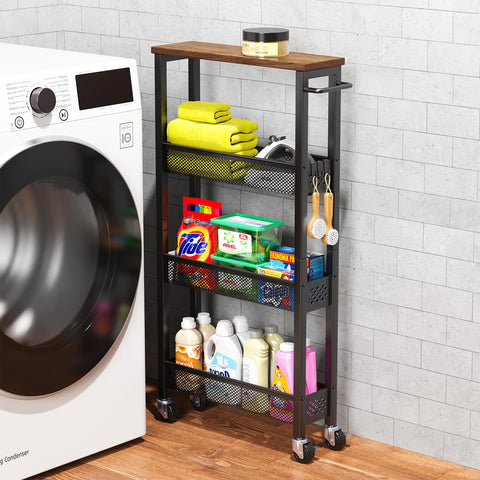 XYZLVSI slim storage cart with wooden top fits into tight spaces for organized storage