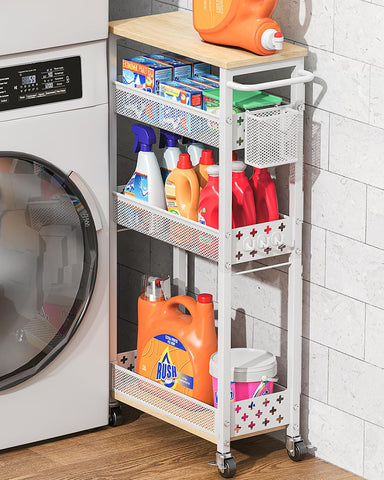 XYZLVSI Slim Storage Cart 4-Tier bottom shelf holds tall bottles and cleaners neatly