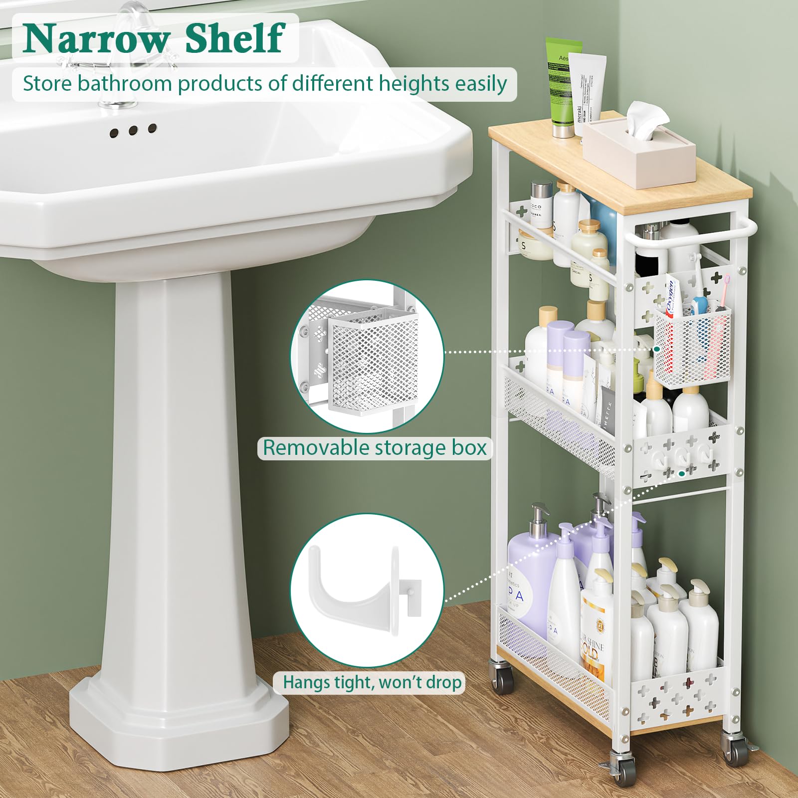 XYZLVSI Slim Storage Cart 4-Tier handle-included design makes pulling it easy