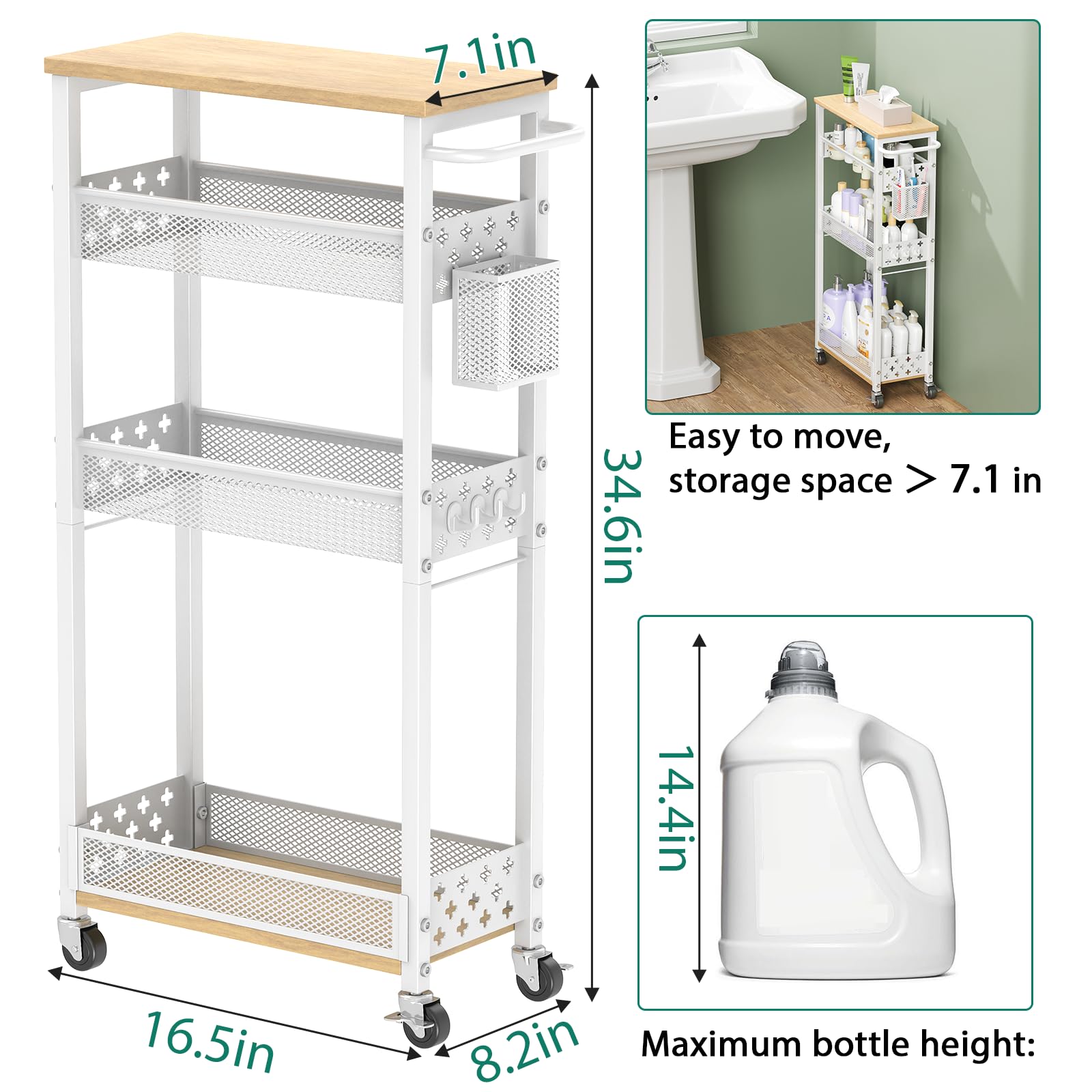 XYZLVSI Slim Storage Cart 4-Tier 360-degree-casters enable smooth movement in tight spaces