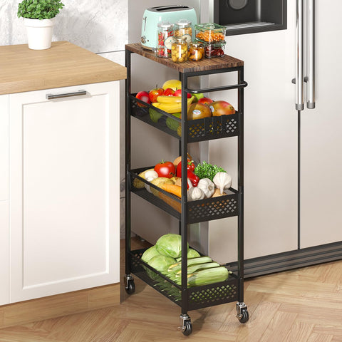 XYZLVSI slim storage cart with wooden top beside appliances for extra prep space