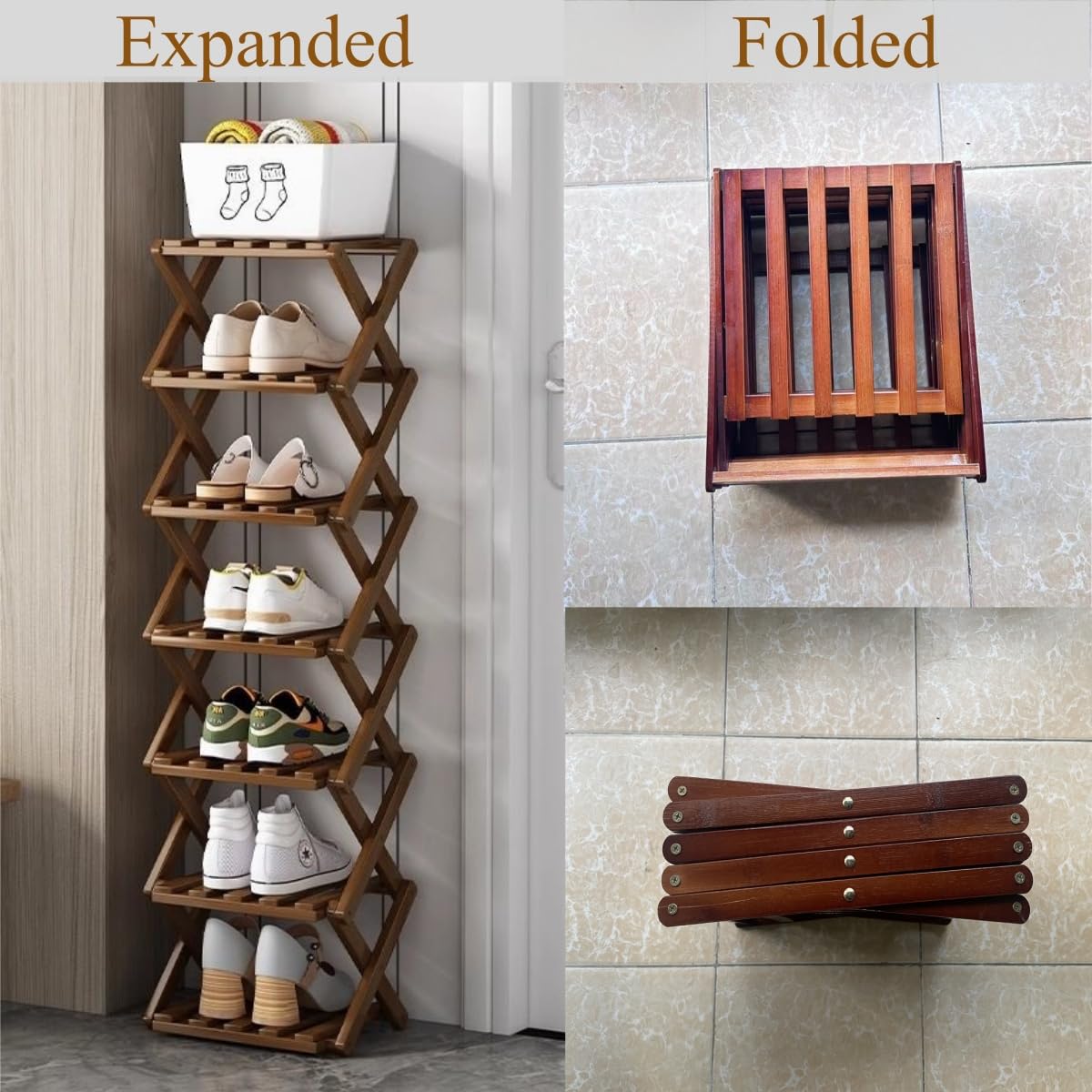 XZXWZX durable foldable bamboo shoe rack frame in use