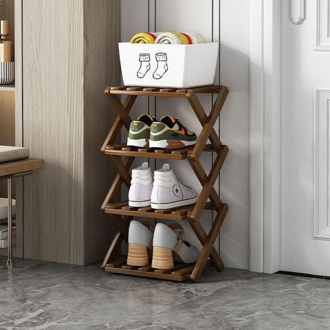 XZXWZX Foldable Bamboo Shoe Rack shows assembly-free setup for quick storage.