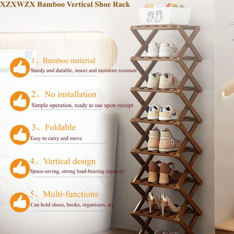 XZXWZX Foldable Shoe Rack bamboo close-up highlights sturdy frame.