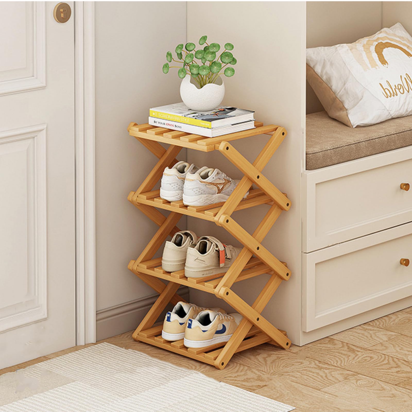 XZXWZX foldable bamboo shoe rack, vertical front view showing space-saving design.