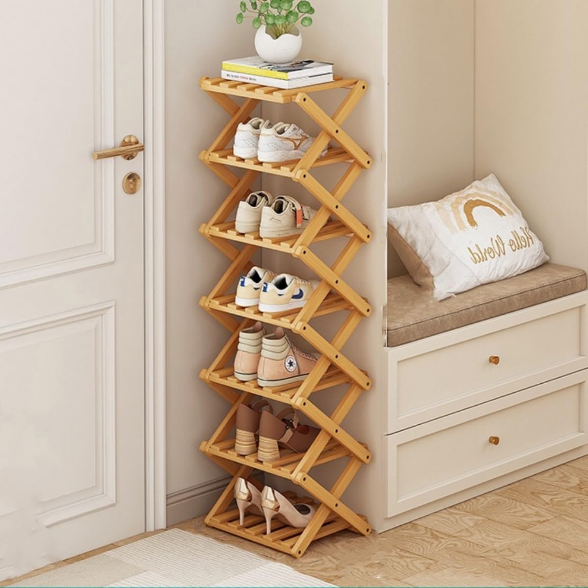 XZXWZX Foldable Shoe Rack bamboo vertical design for compact storage
