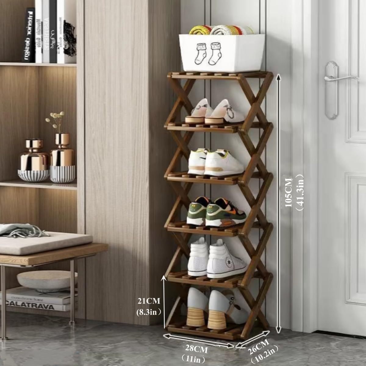XZXWZX no-assembly folding shoe rack in compact bamboo design