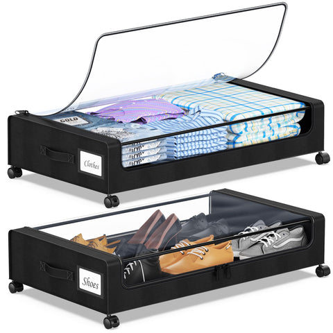 Yaasheen under-bed storage with wheels showing a two-pack setup, easy access