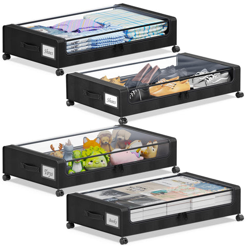 YAASHEEN under-bed storage with wheels shows spacious capacity for shoes and clothes.
