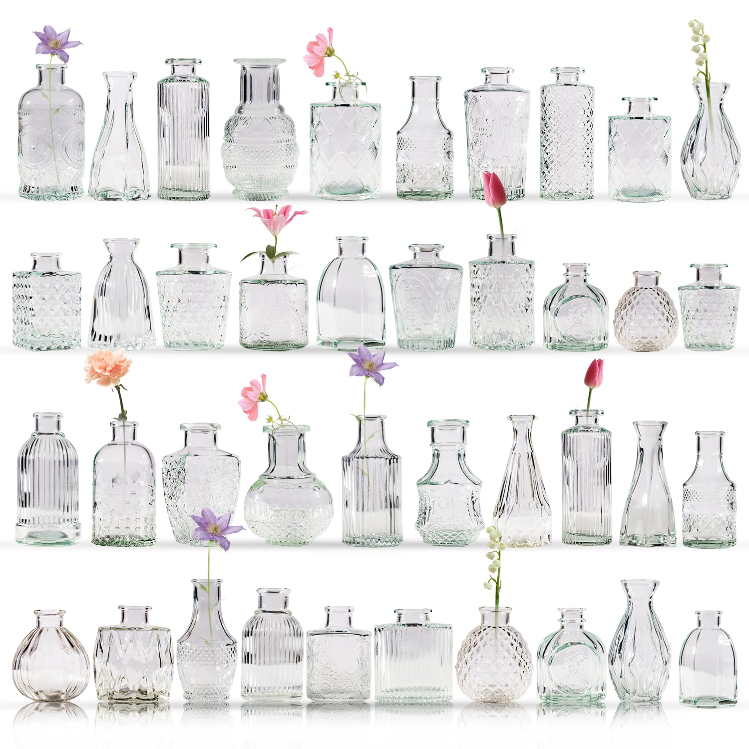 Yabool bud vase with clear embossed pattern highlighting stems for an elegant centerpiece.