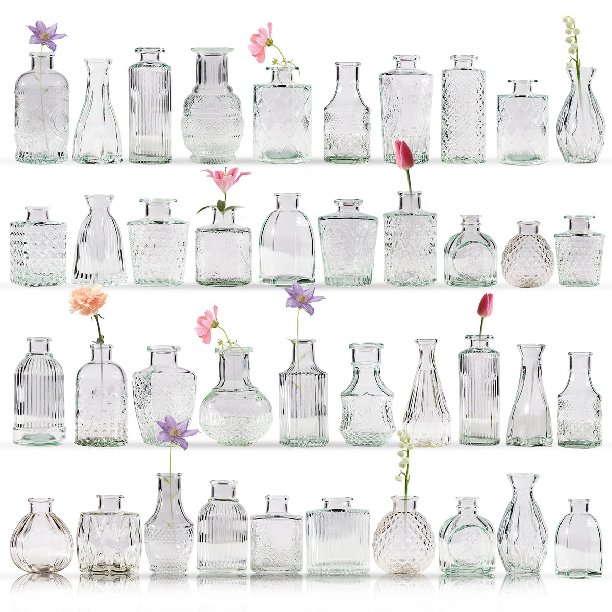 Yabool bud vase with clear embossed pattern highlighting stems for an elegant centerpiece.