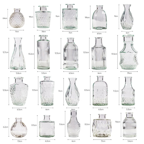 Yabool bud vase with clear embossed pattern showcasing a bouquet in a second arrangement.