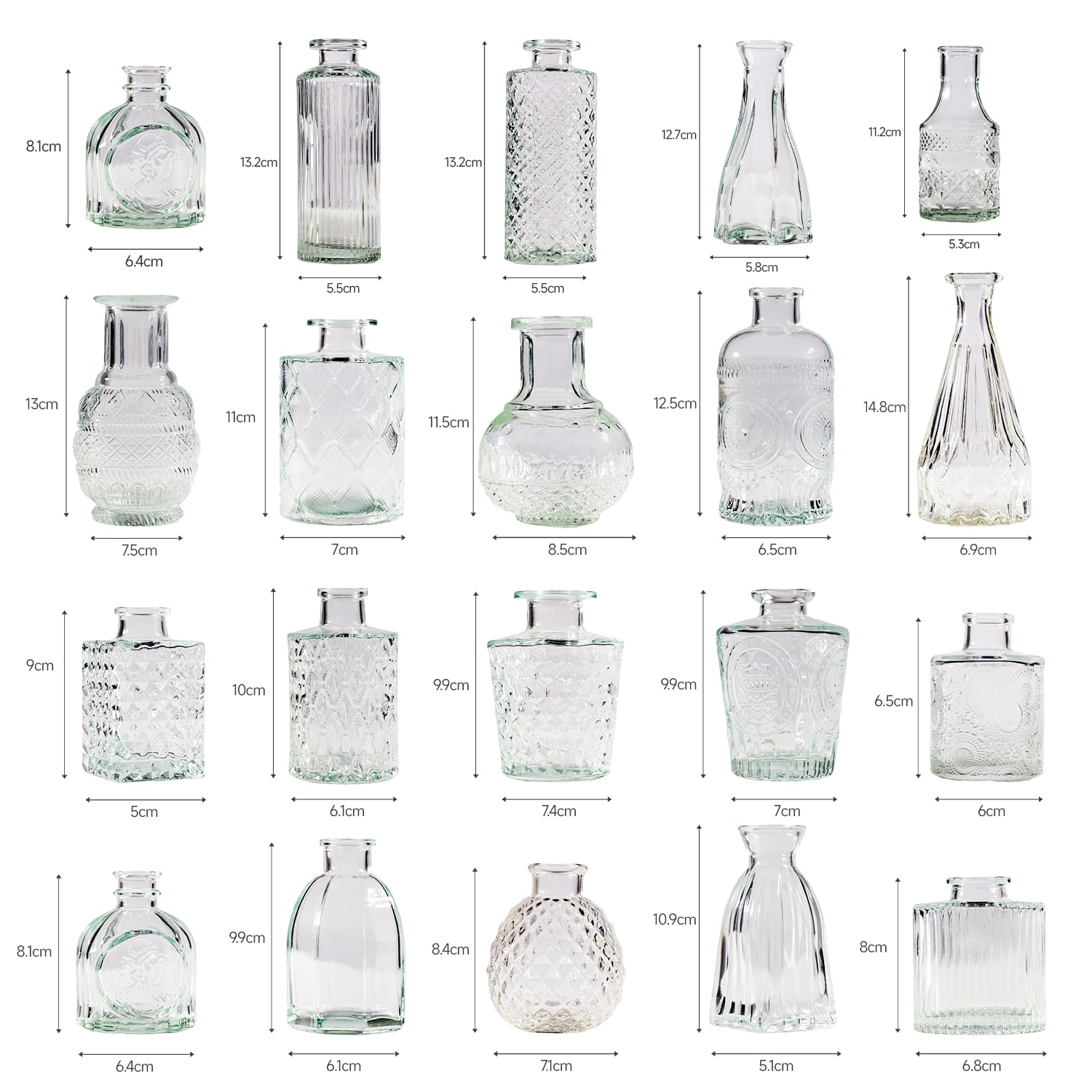 Yabool clear bud vases with embossed pattern add texture