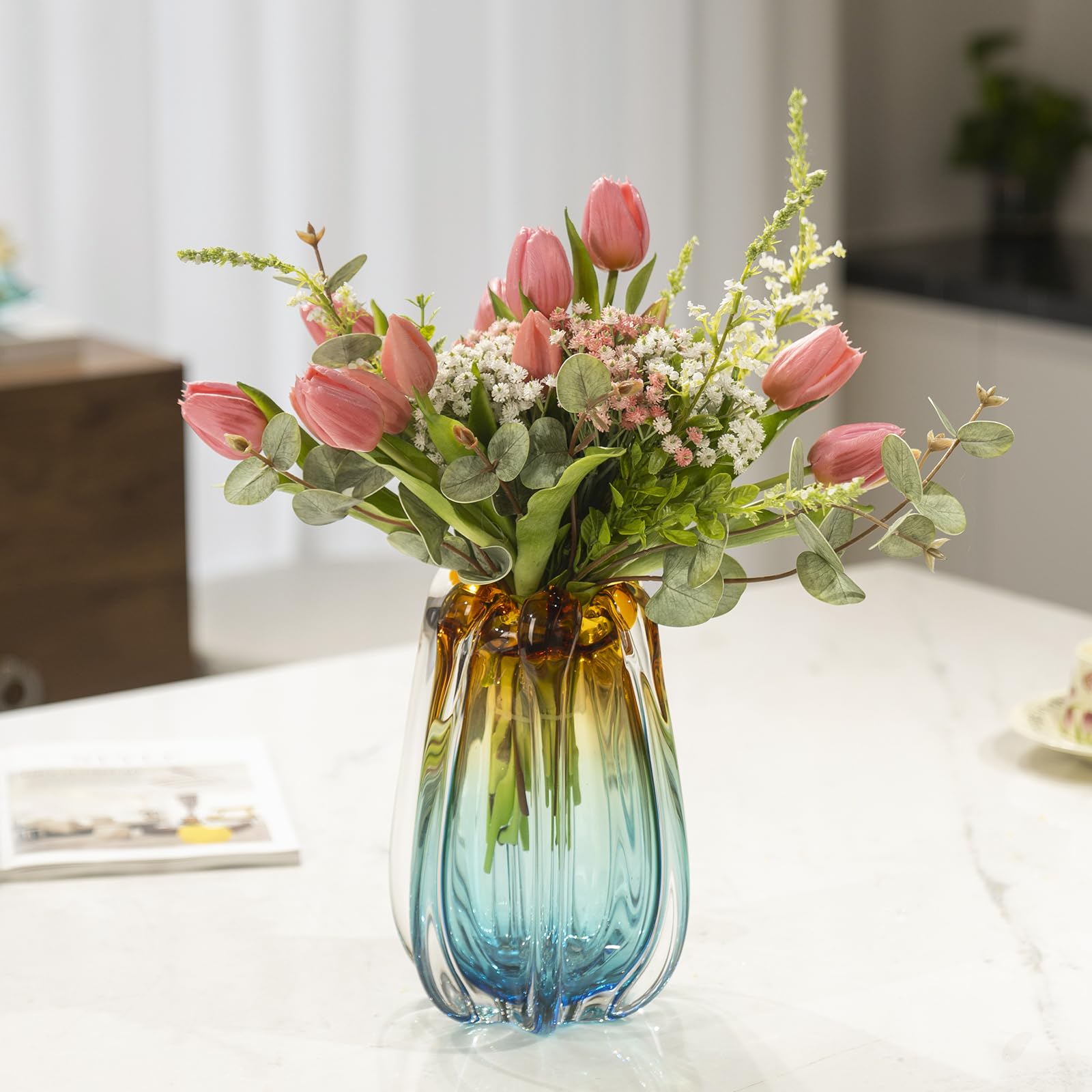 YACSNBF colorful boho glass vase closeup, adds vibrant accent lighting to rooms.