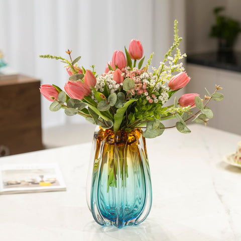 YACSNBF colorful boho glass vase closeup, adds vibrant accent lighting to rooms.